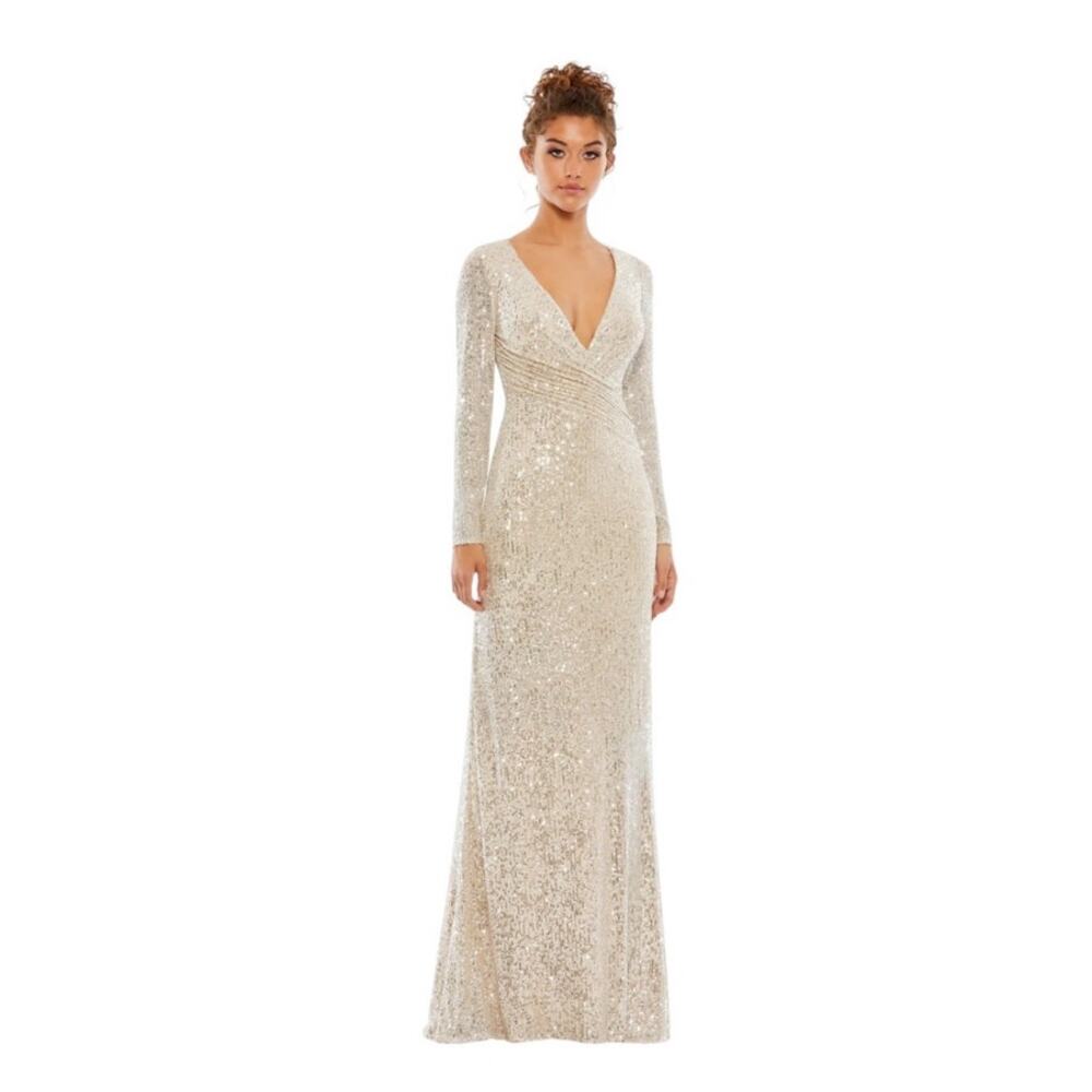 Mac Duggal Sequin Nude Silver Long Sleeve Prom MOB Formal Gown Size 2 26574 NEW